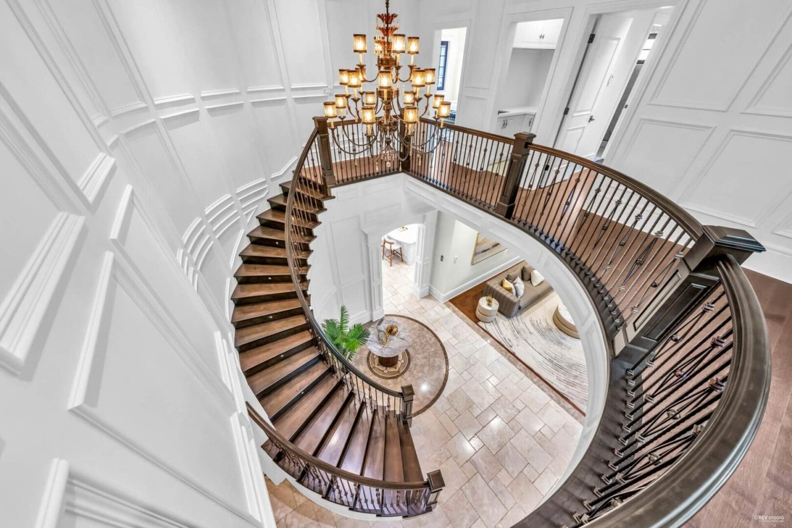 A large staircase with wooden steps and railings.