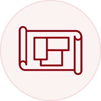 A red and white icon of a building plan.