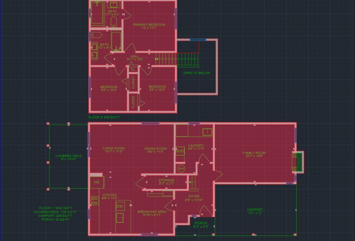 REV Studio How We Measure CAD diagram for the same Richmond home, with the counted living area shaded on each floor