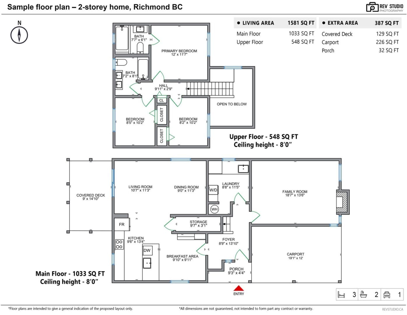 Sample REV Studio floor plan of a two-storey Richmond, BC home with room dimensions and living and extra area totals